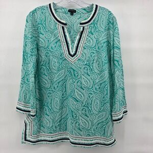 Talbots Tunic Top Medium Turquoise Paisley Print Cotton Vacation Summer Resort